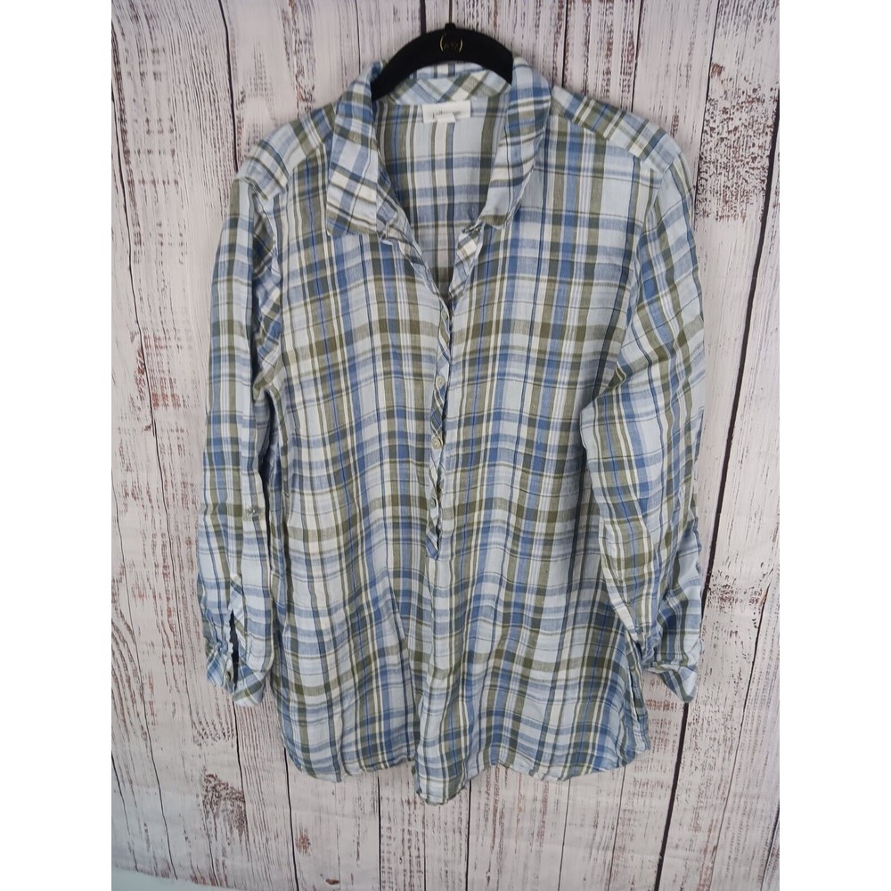 j.jill love linen button down plaid tunic shirt pockets Large petite Blue